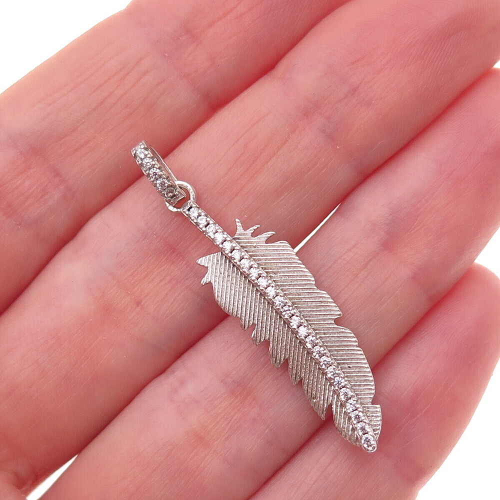 925 Sterling Silver Round-Cut C Z Feather Charm Pendant